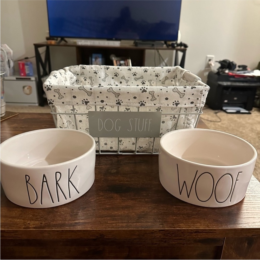 Rae Dunn dog bowls and toy basket for Beverly